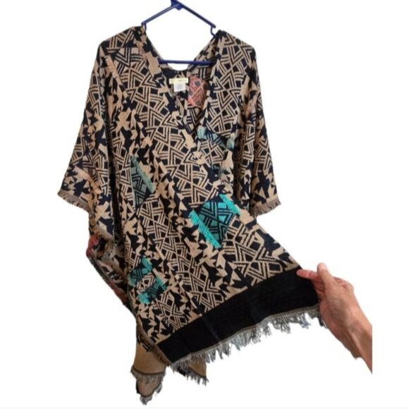 Bay Sky Poncho Abstract Print Fringe Open Front Cardigan Multicolor One Size - Picture 5 of 11